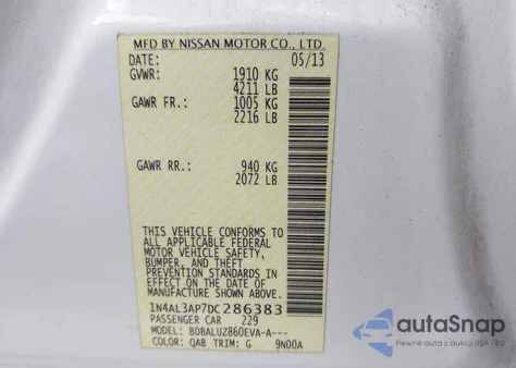 2013 Nissan Altima 2.5 Sv z USA, uszkodzony, nr VIN 1N4AL3AP7DC286383